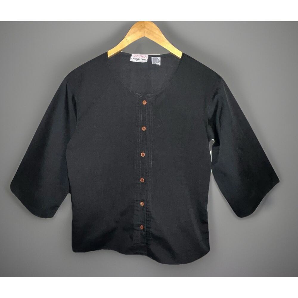VTG Lord & Taylor Schrader Sport Pin Tuck Black Button Blouse 3/4 Sleeve M Top